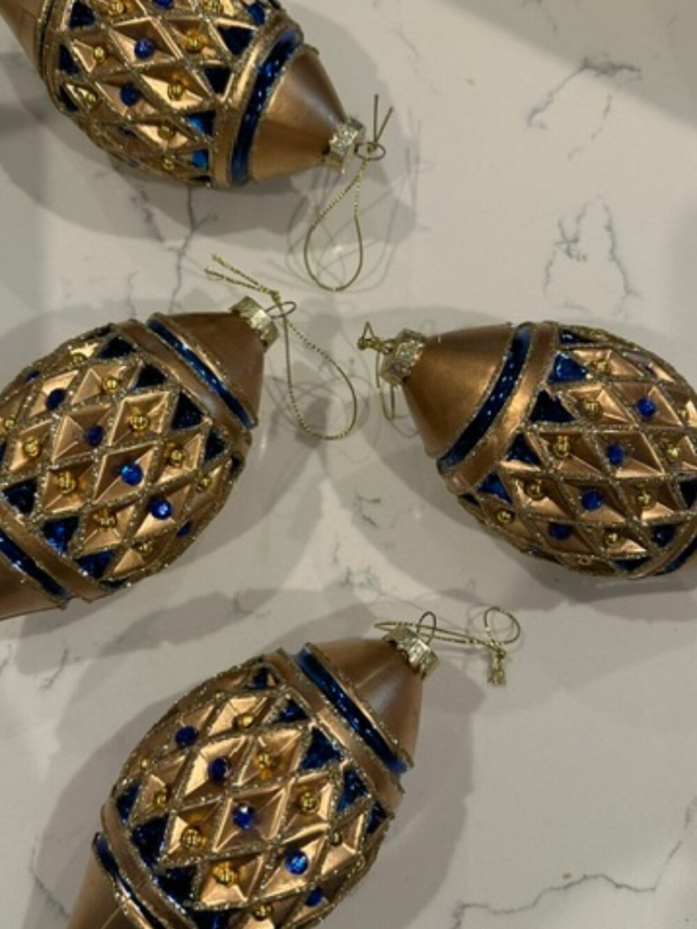 4 Beautiful Gold and Blue Glass Christmas Ornaments 6" Long
